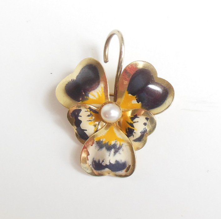 Carl Art Gold Filled Pansy Brooch Costume Jewelry Pin Flower with Faux Pearl 