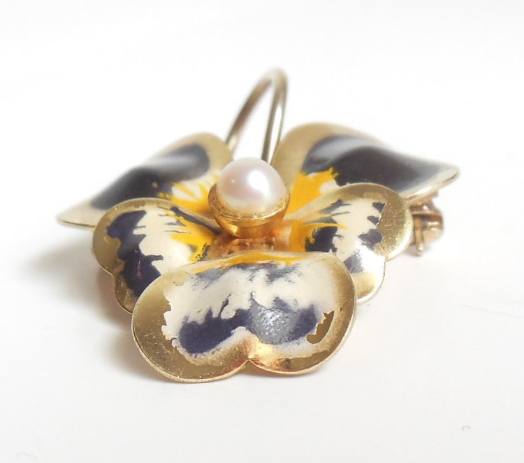 Image 1 of Carl Art Gold Filled Pansy Brooch Costume Jewelry Pin Flower with Faux Pearl 