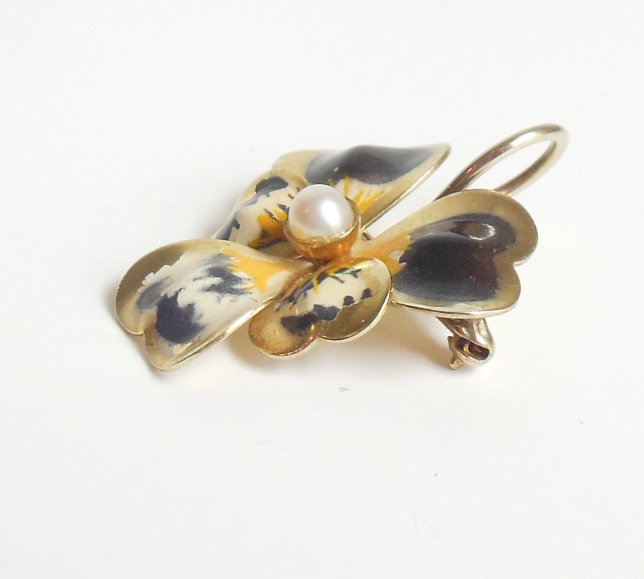 Image 2 of Carl Art Gold Filled Pansy Brooch Costume Jewelry Pin Flower with Faux Pearl 