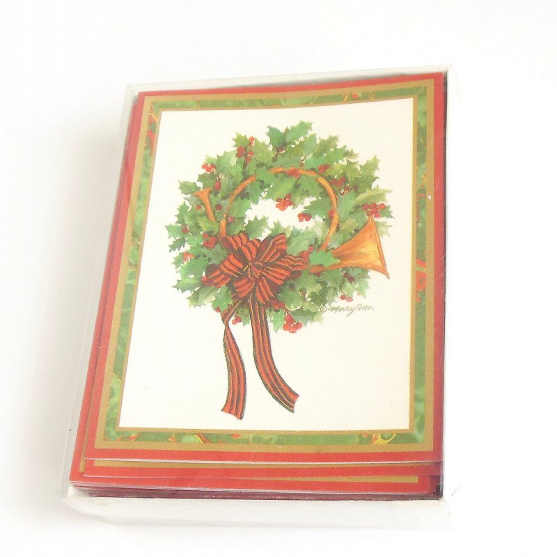 Image 1 of Vintage Caspari Christmas Boxed Set Greeting Cards Wreath Design Metallic Gold