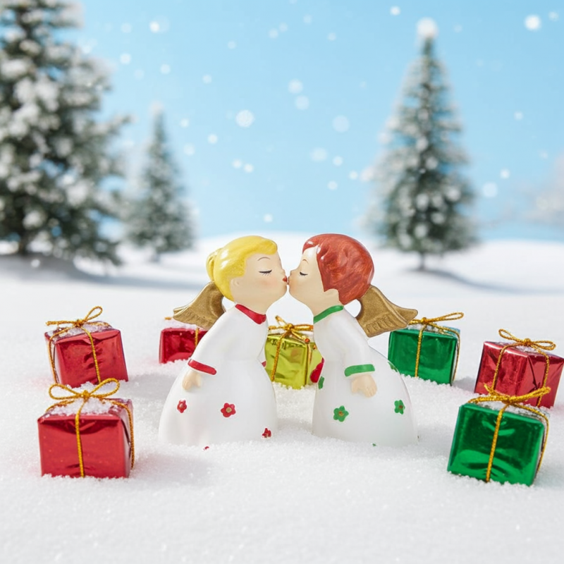 Pair of Kissing Angels Boy Girl Mache Vintage Japan Christmas Figurines Holidays