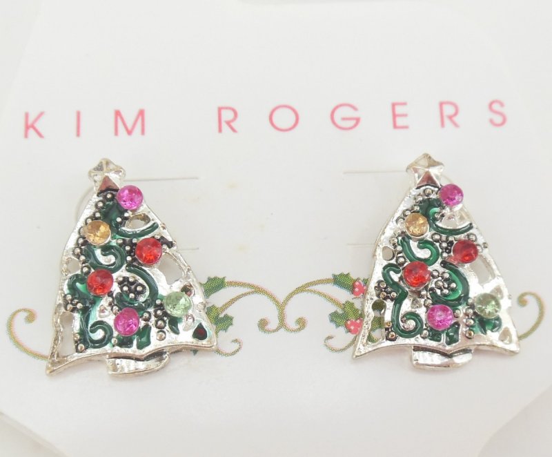 Image 1 of Kim Rogers Silver Tone Crystal Earrings Christmas Tree Pierced Earrings
