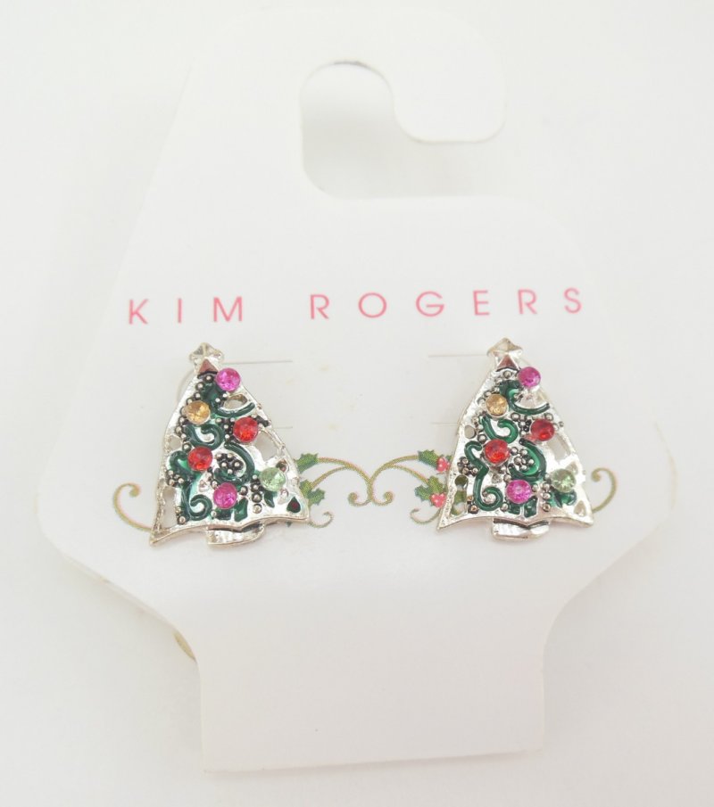 Kim Rogers Silver Tone Crystal Earrings Christmas Tree Pierced Earrings