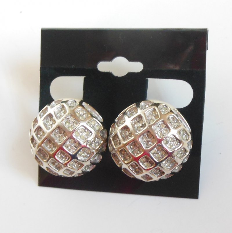 Polcini Round Earrings w/ Rhinestones Silver Gold Tone Finish Designer Signed