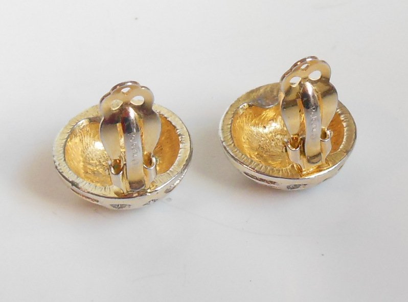 Image 3 of Polcini Round Earrings w/ Rhinestones Silver Gold Tone Finish Designer Signed