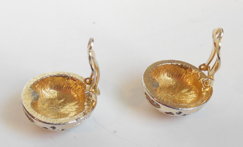 Image 4 of Polcini Round Earrings w/ Rhinestones Silver Gold Tone Finish Designer Signed