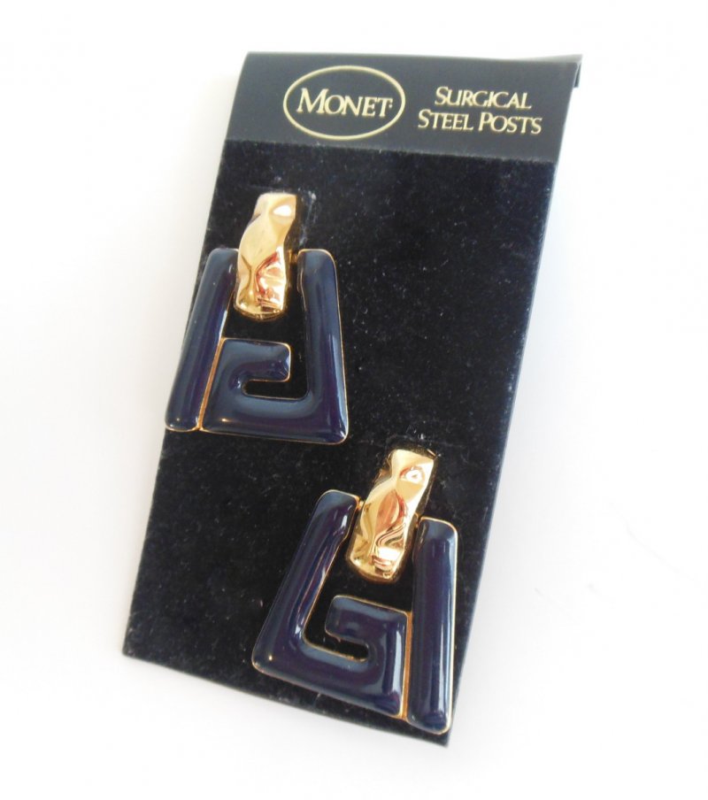 Vintage 80s Monet Pierced Dangle Earrings Blue Gold Geometric Modernist jewelry