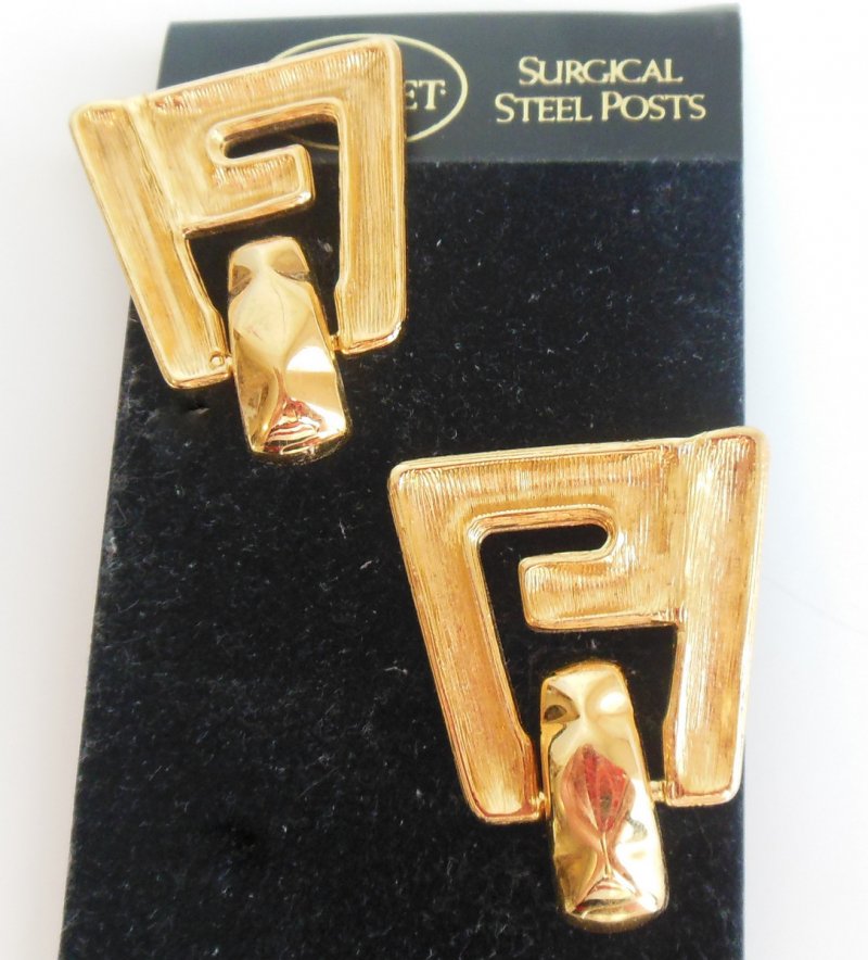 Image 2 of Vintage 80s Monet Pierced Dangle Earrings Blue Gold Geometric Modernist jewelry
