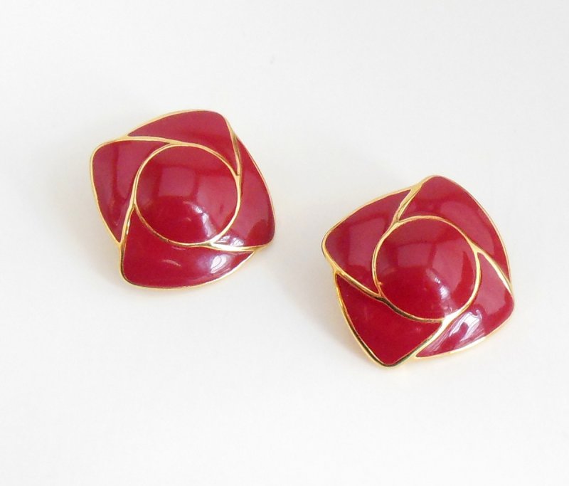 Vintage Women's Monet Pierced Earrings 80s Red Enamel Ladies Jewelry Gold Tone