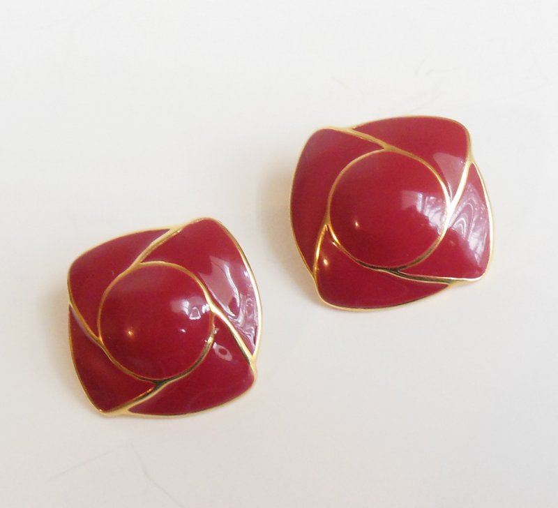 Image 1 of Vintage Women's Monet Pierced Earrings 80s Red Enamel Ladies Jewelry Gold Tone