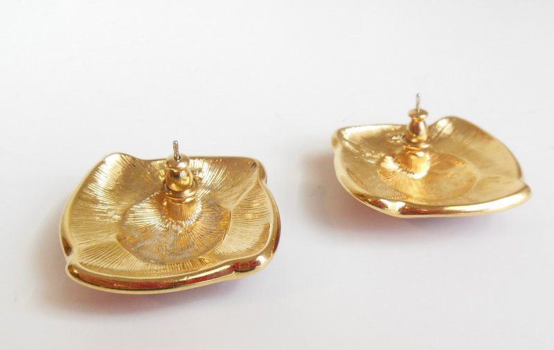 Image 3 of Vintage Women's Monet Pierced Earrings 80s Red Enamel Ladies Jewelry Gold Tone