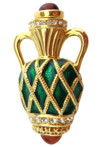 Joan Rivers Vintage Jewelry Brooch Pin Green Caged Urn Amber Cabochons Vase