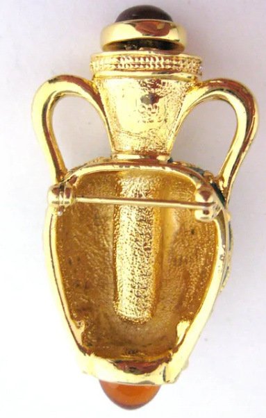 Image 2 of Joan Rivers Vintage Jewelry Brooch Pin Green Caged Urn Amber Cabochons Vase
