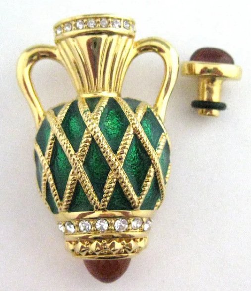 Image 1 of Joan Rivers Vintage Jewelry Brooch Pin Green Caged Urn Amber Cabochons Vase