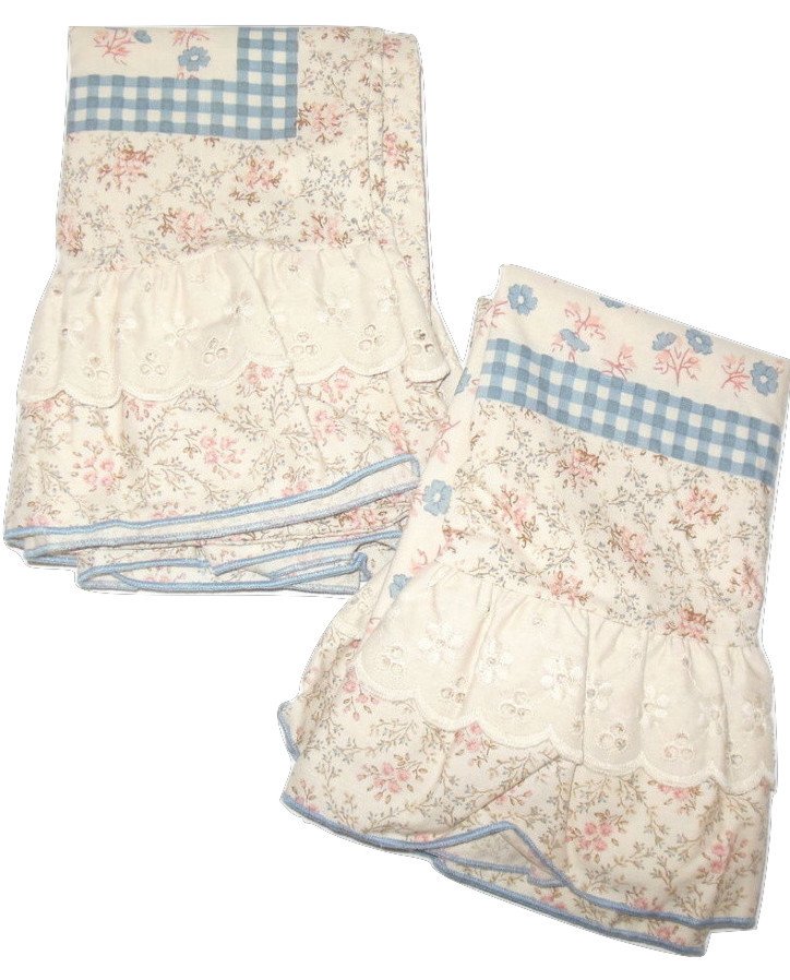 Standard Pair Vintage Pillow Case Covers Blue Brown Springmaid Wondercale
