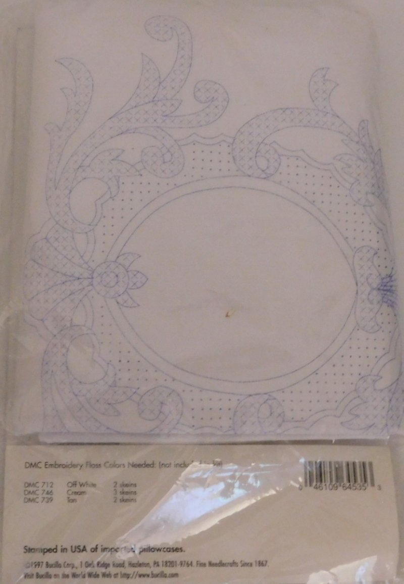 Image 1 of Vintage Bucilla Stamped Monogram Pair of Standard Pillowcases Cross Stitch
