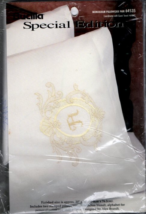 Vintage Bucilla Stamped Monogram Pair of Standard Pillowcases Cross Stitch