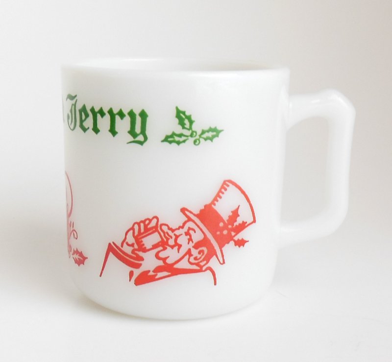 Image 0 of Tom and Jerry Cup Hazel Atlas White Milk Glass Mug Red Green Enamel 50s 60s