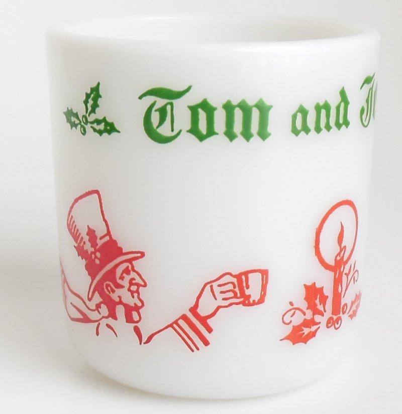 Image 1 of Tom and Jerry Cup Hazel Atlas White Milk Glass Mug Red Green Enamel 50s 60s