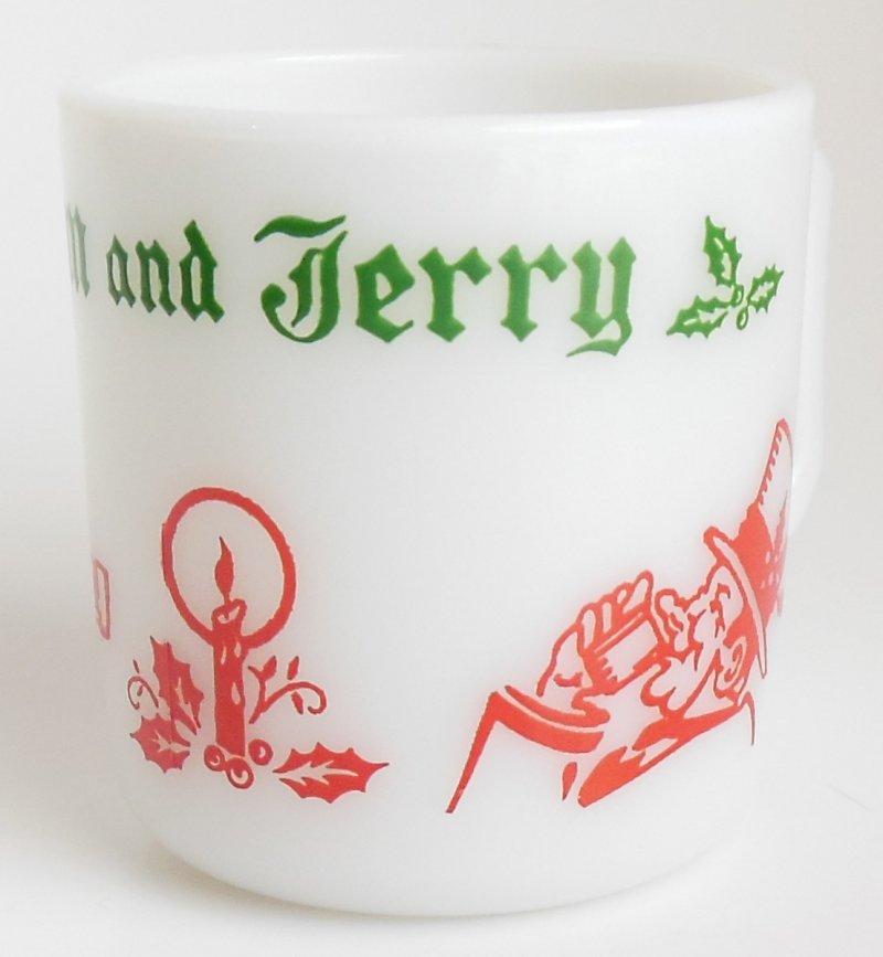 Image 2 of Tom and Jerry Cup Hazel Atlas White Milk Glass Mug Red Green Enamel 50s 60s