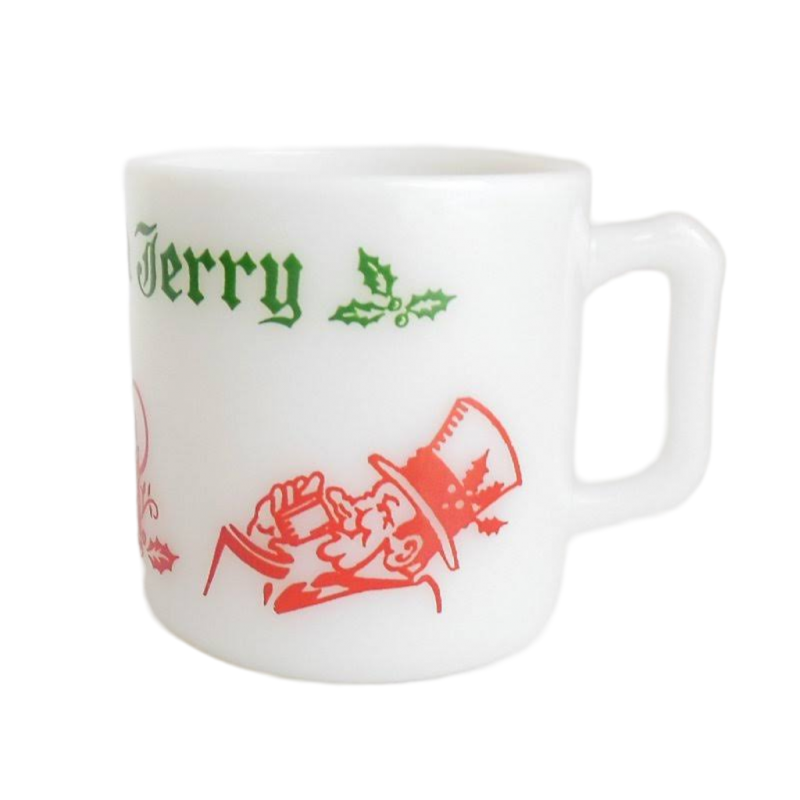 Tom and Jerry Cup Hazel Atlas White Milk Glass Mug Red Green Enamel 50s 60s
