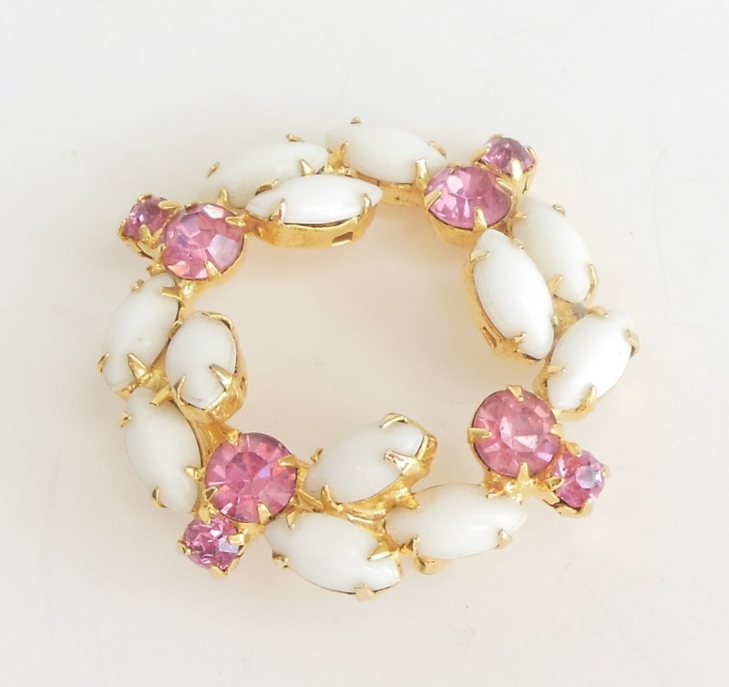 Womens Vintage Gold Brooch Navette White Milk Glass Pink Rhinestones Pin