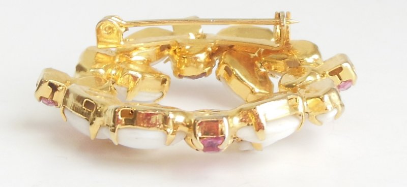 Image 1 of Womens Vintage Gold Brooch Navette White Milk Glass Pink Rhinestones Pin