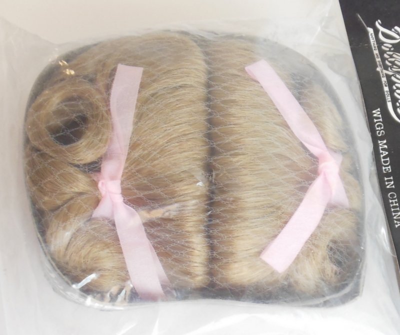 Image 1 of Dollspart Doll Wig Honey Blond Curls 11 Inch Pink Satin Bows Doll Head Wig 01068