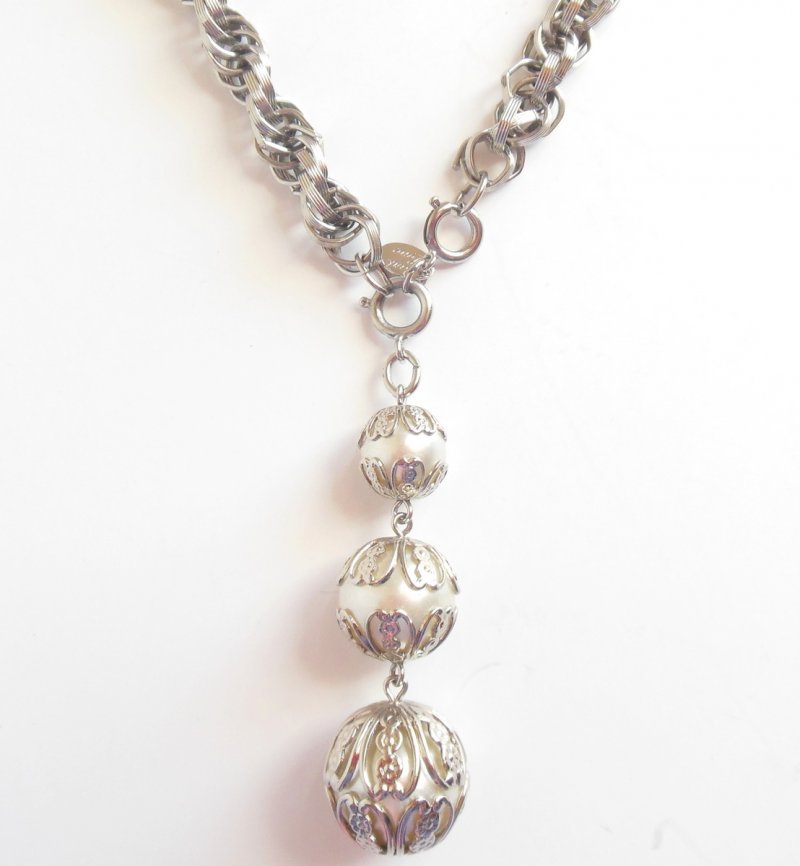 Heavy Park Lane Silver Necklace Intertwined Link Rope Chain Encapsulated Pearls
