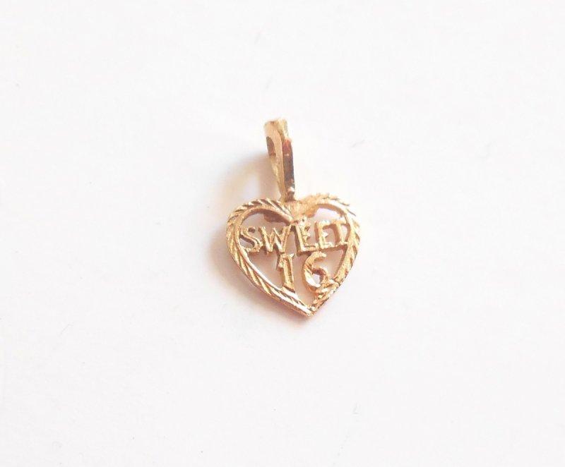 Image 1 of Vintage Solid Gold Sweet Sixteen Charm Heart Pendant Dainty Petite Tiny Charm