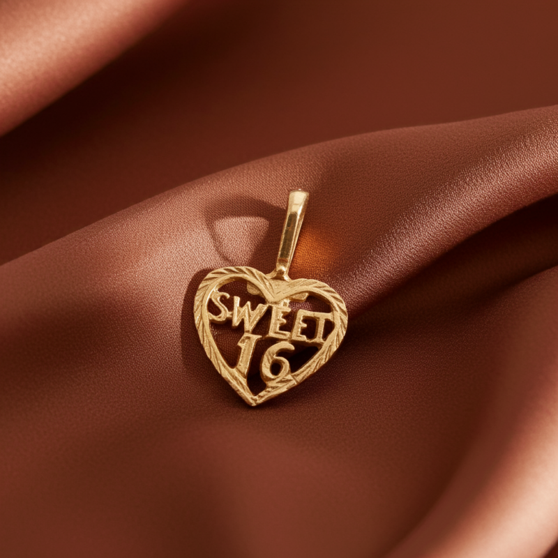 Vintage Solid Gold Sweet Sixteen Charm Heart Pendant Dainty Petite Tiny Charm