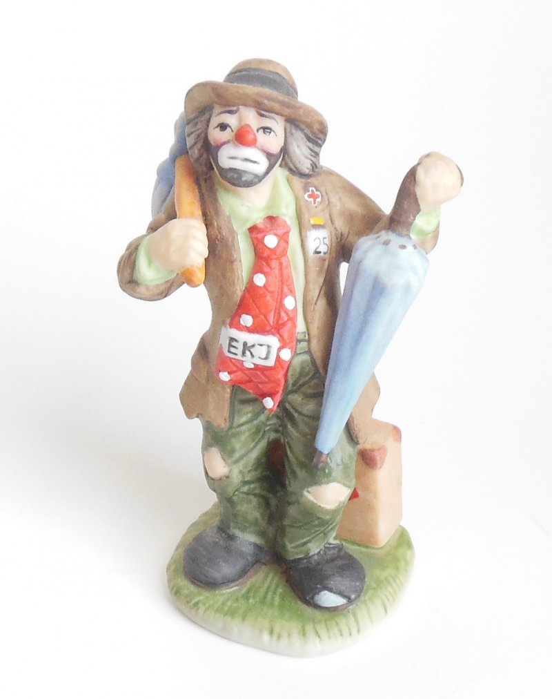 EKJ Flambro Artist Emmette Kelly 4.5 Inch Clown with Umbrella Ceramic Figurine