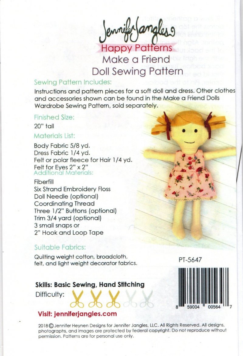 Image 1 of Jennifer Jangles Happy Patterns Make a Friend Soft Doll w/ Dress Sewing Pattern