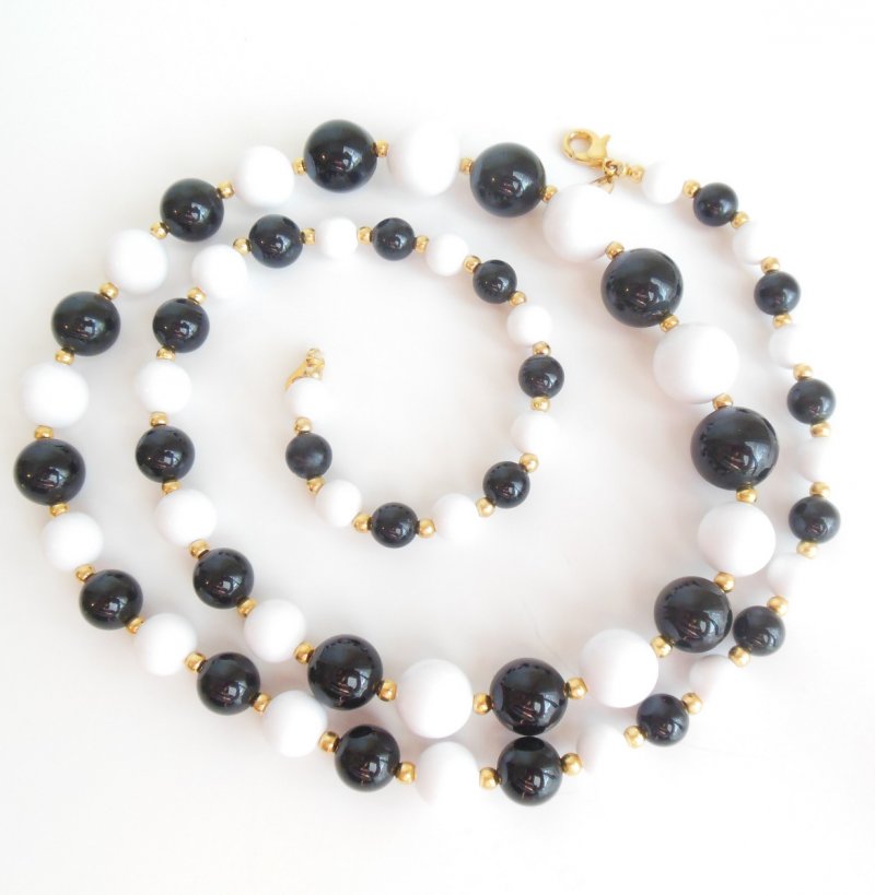 Women's Long Round Bead Necklace Black White by Worthington Graduated Jewelry