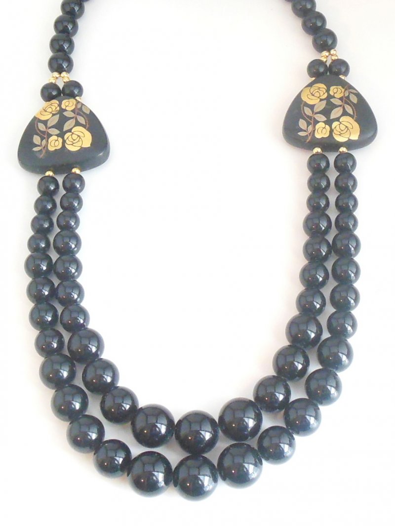 Image 1 of Women's Japan Necklace Black Graduated Round Beads Painted Roses Vintage