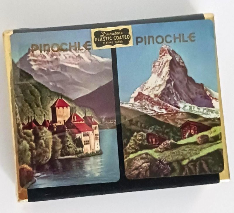 Pinochle Duratone Plastic Coated Set 2 Decks Playing Cards Vintage Mountains