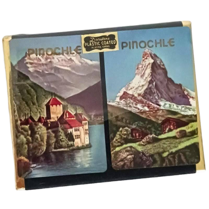 Image 0 of Pinochle Duratone Plastic Coated Set 2 Decks Playing Cards Vintage Mountains