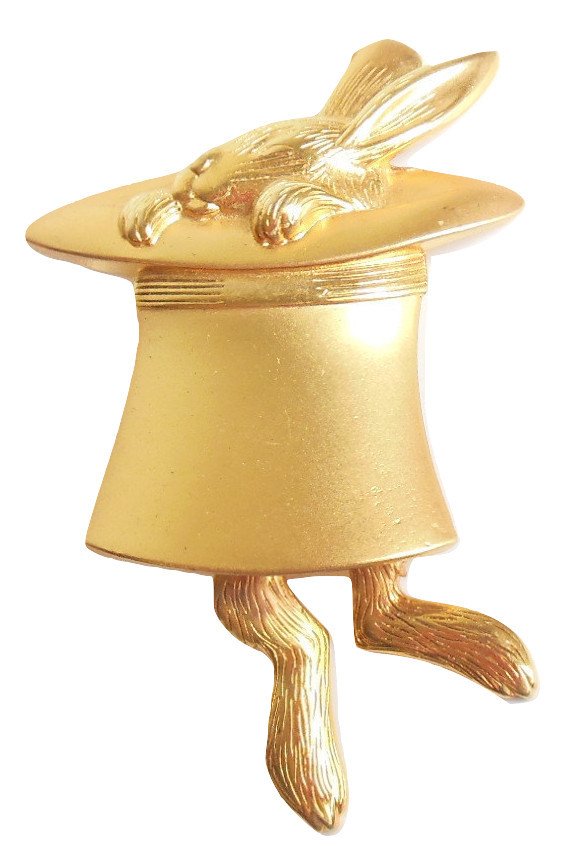 JJ Jonette Pin Brooch Matte Gold Rabbit in Hat w/ Dangling Feet Costume Jewelry