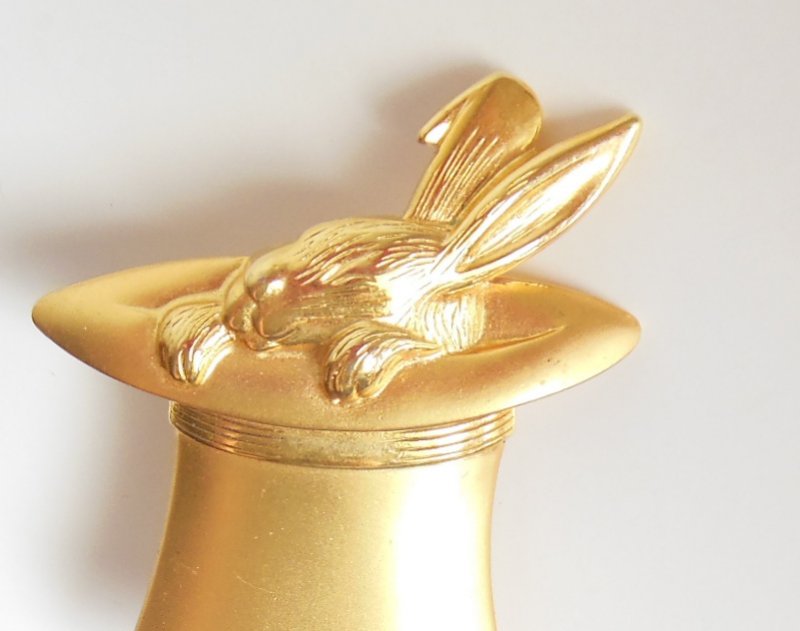 Image 1 of JJ Jonette Pin Brooch Matte Gold Rabbit in Hat w/ Dangling Feet Costume Jewelry