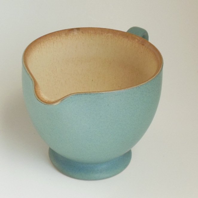 Image 1 of Denby Teal Blue Creamer Luxor Pattern with Tan Speckled Interior Retired 2001