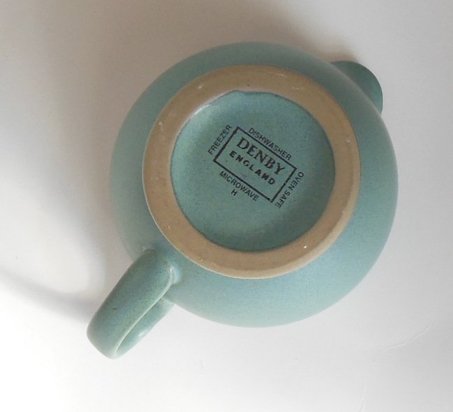 Image 4 of Denby Teal Blue Creamer Luxor Pattern with Tan Speckled Interior Retired 2001