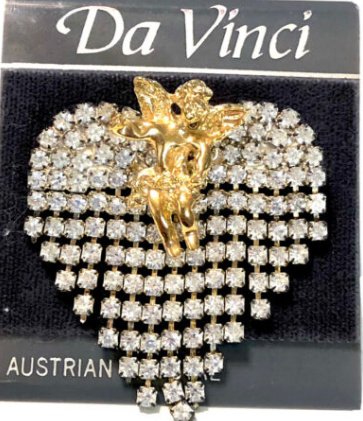 Image 0 of Da Vinci Heart Brooch Gold Cherub Vintage Costume Jewelry Pin Austrian Crystals