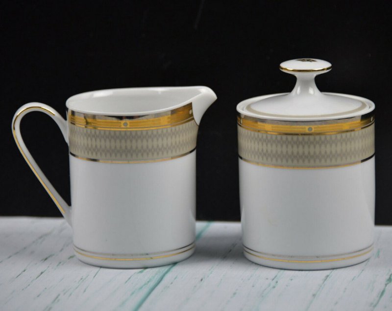Image 0 of Mikasa Cambridge Sugar Creamer Set Y0501 Fine China Gold Gray Bands White