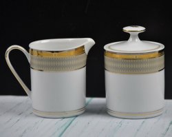 Mikasa Cambridge Sugar Creamer Set Y0501 Fine China Gold Gray Bands White