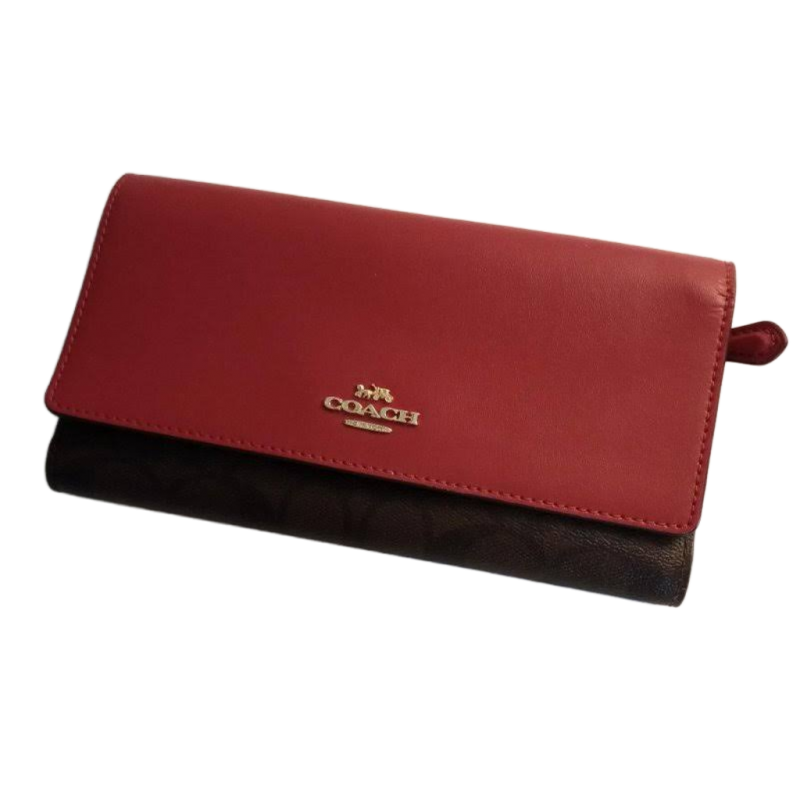 Womens Red Coach Wallet New York Red Brown Bi-fold Wallet w/ Snap Closure