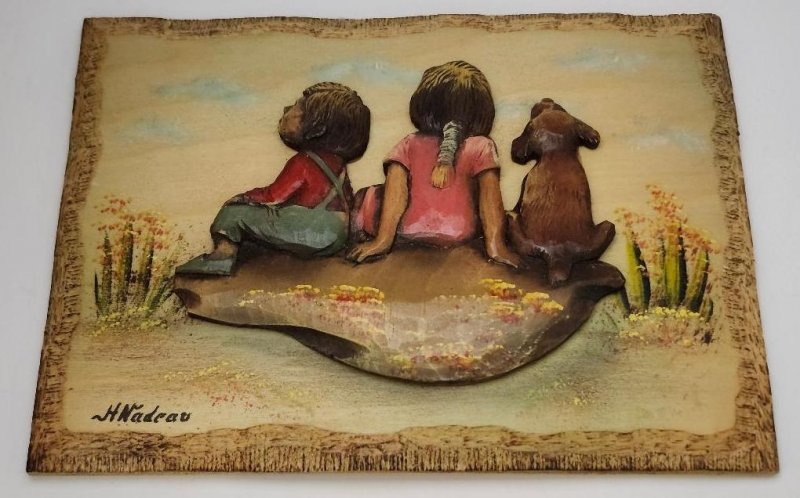 Image 1 of Wooden Plaques by H Nadeau 3D Wood Carved Sculpture Hand Crafted Art Canada
