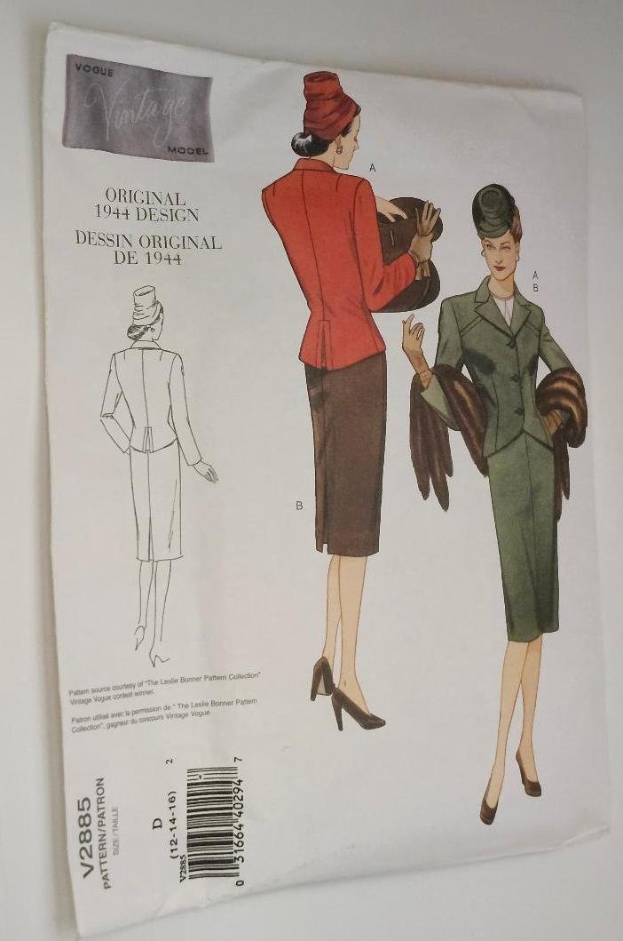 Vogue Vintage Model Original 1944 Design 2885 D Sz 12 14 16 Jacket Skirt Attire