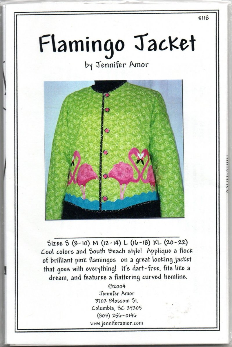 Ladies Craft Jacket Coat Pattern Featuring a Green Background w/ Pink Flamingos