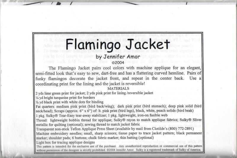 Image 1 of Ladies Craft Jacket Coat Pattern Featuring a Green Background w/ Pink Flamingos