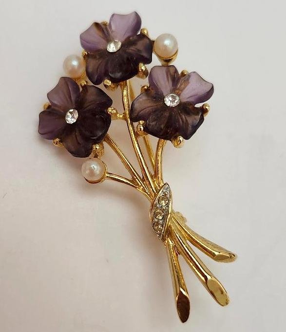Image 0 of Robert Mandle Brooch Amethyst Purple Flowers Rhinestones Faux Pearl 60s